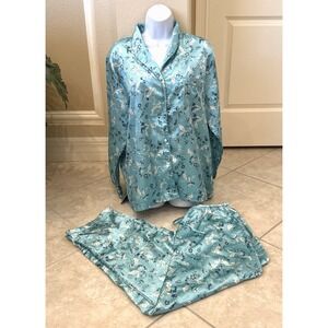 Cabernet Pj Pajama Set Sleepwear Silky Blue Floral Long Sleeve Sz L Loungewear